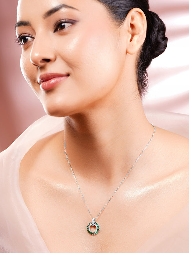 925 Fine Silver Rhodium Plated Emerald AD Circle Charm Pendant Necklace