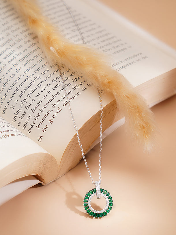 925 Fine Silver Rhodium Plated Emerald AD Circle Charm Pendant Necklace