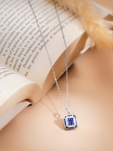 925 Fine Silver Rhodium Plated Blue Sapphire AD Pendant Chain
