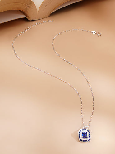 925 Fine Silver Rhodium Plated Blue Sapphire AD Pendant Chain