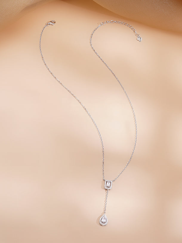 925 Fine Silver Rhodium Plated AD Drop Chain Necklace