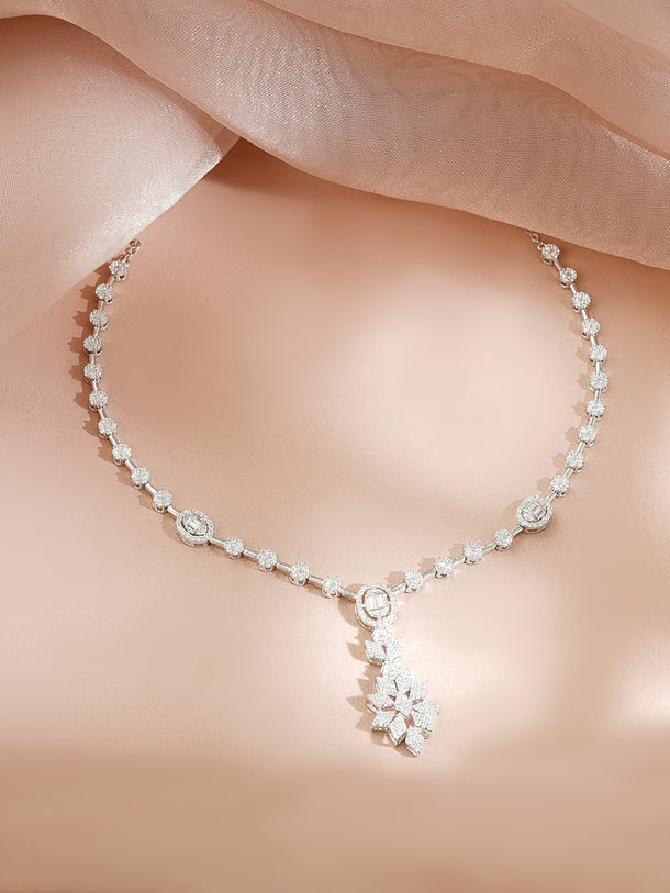 925 Fine Silver Rhodium Plated Geometric Floral Drop American Diamon Zirconia Necklace