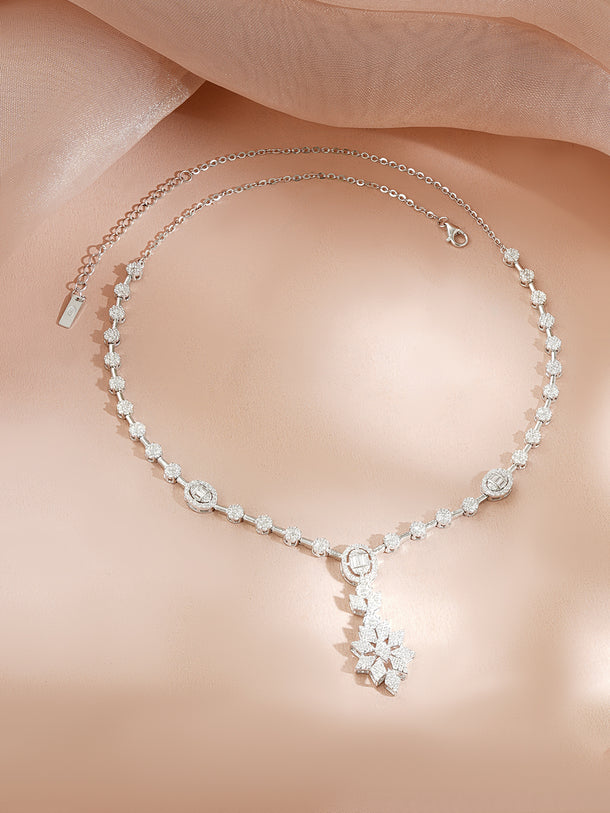 925 Fine Silver Rhodium Plated Geometric Floral Drop American Diamon Zirconia Necklace