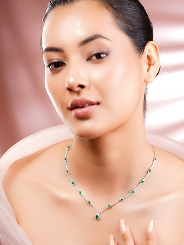 925 Fine Silver Rhodium Plated American Diamon Zirconia Emerald Necklace