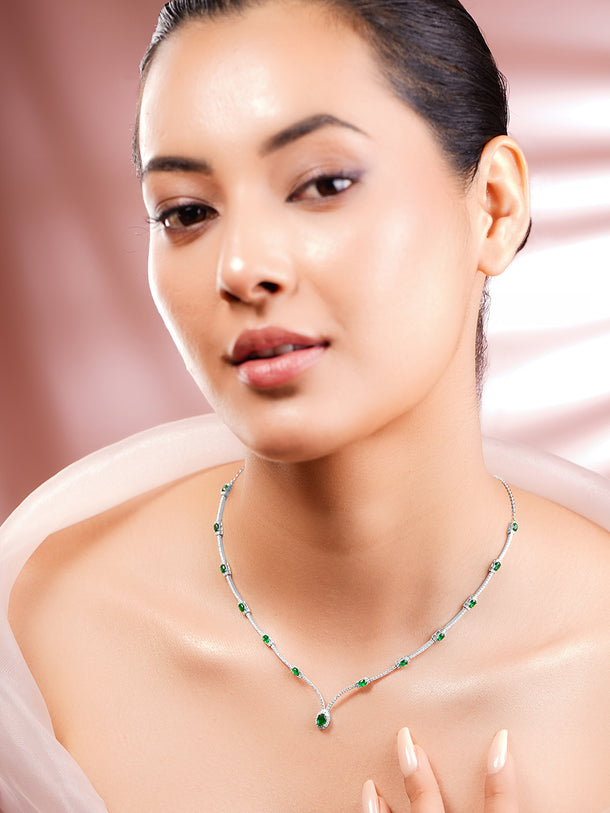925 Fine Silver Rhodium Plated American Diamon Zirconia Emerald Necklace