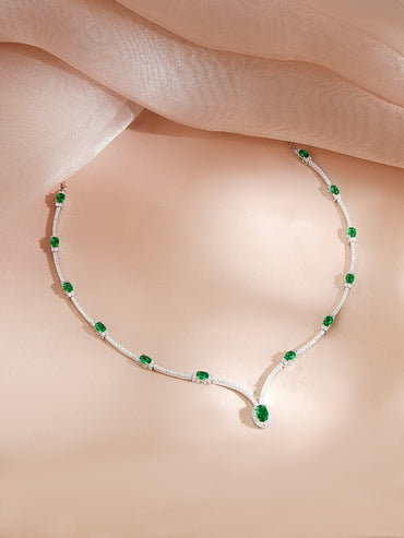 925 Fine Silver Rhodium Plated American Diamon Zirconia Emerald Necklace