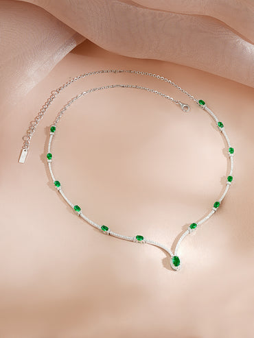 925 Fine Silver Rhodium Plated American Diamon Zirconia Emerald Necklace