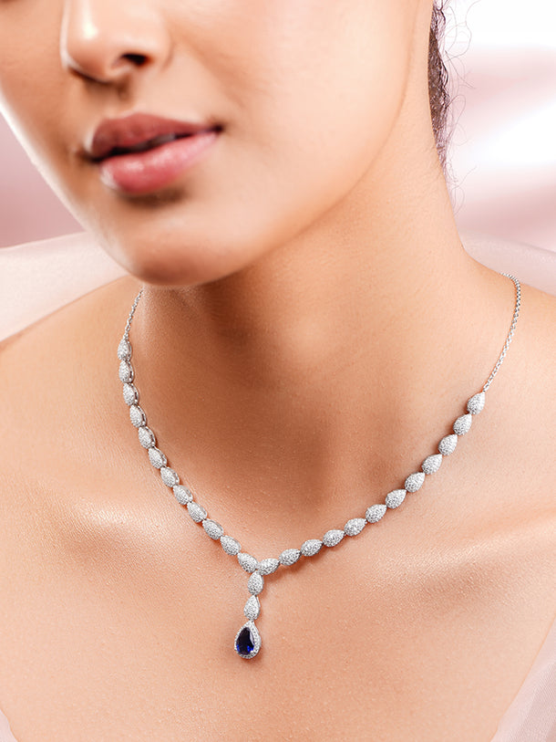 925 Fine Silver Rhodium Plated Leaf Design Blue Sapphire American Diamon Zirconia Necklace