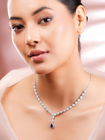 925 Fine Silver Rhodium Plated Leaf Design Blue Sapphire American Diamon Zirconia Necklace
