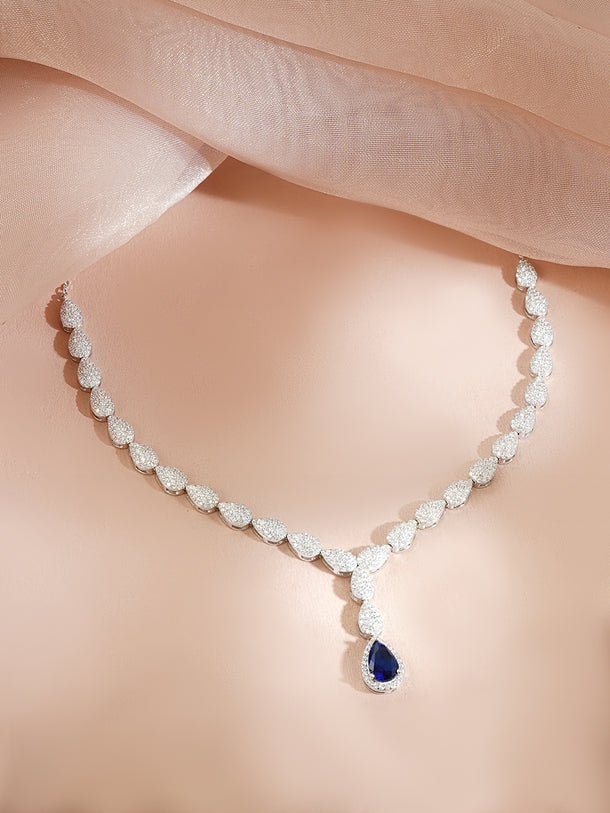 925 Fine Silver Rhodium Plated Leaf Design Blue Sapphire American Diamon Zirconia Necklace
