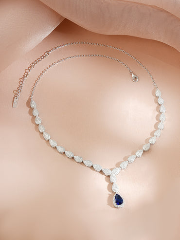 925 Fine Silver Rhodium Plated Leaf Design Blue Sapphire American Diamon Zirconia Necklace