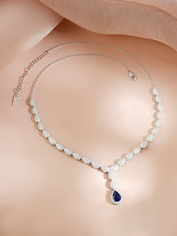 925 Fine Silver Rhodium Plated Leaf Design Blue Sapphire American Diamon Zirconia Necklace