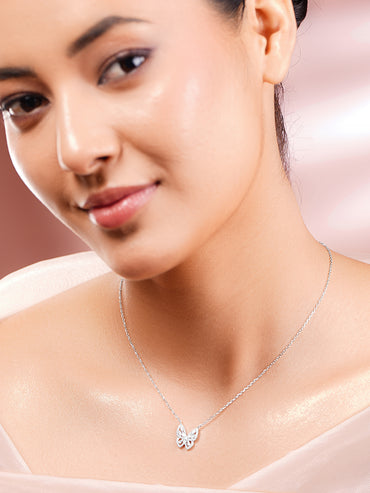 925 Fine Silver Rhodium Plated American Diamon Zirconia Butterfly Necklace