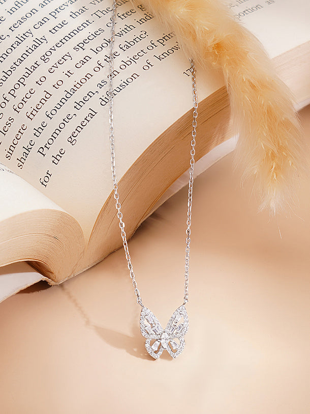 925 Fine Silver Rhodium Plated American Diamon Zirconia Butterfly Necklace