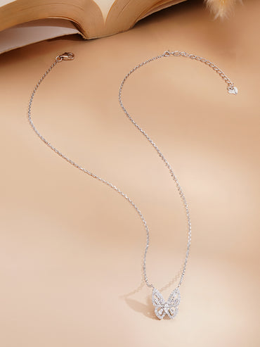 925 Fine Silver Rhodium Plated American Diamon Zirconia Butterfly Necklace