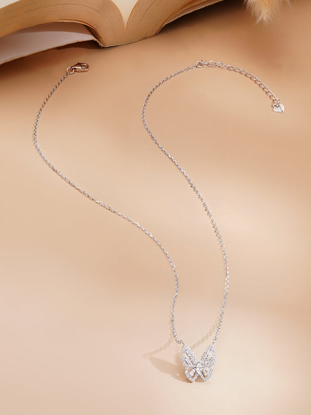 925 Fine Silver Rhodium Plated American Diamon Zirconia Butterfly Necklace
