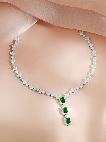 925 Fine Silver Rhodium Plated Cubic Drop Emerald Necklace
