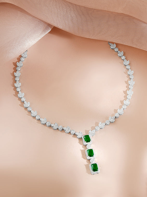 925 Fine Silver Rhodium Plated Cubic Drop Emerald Necklace