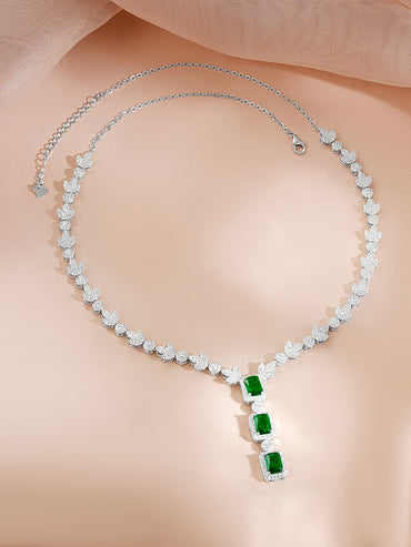 925 Fine Silver Rhodium Plated Cubic Drop Emerald Necklace