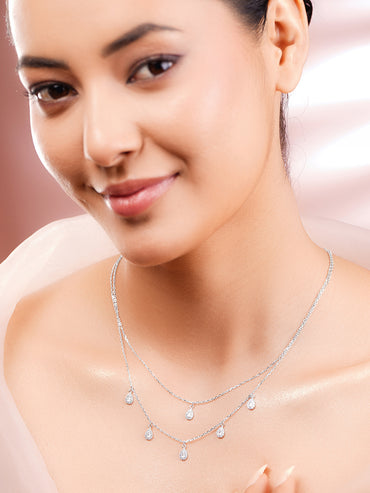 925 Fine Silver Rhodium Plated American Diamon Zirconia Tear Drop Layered Necklace