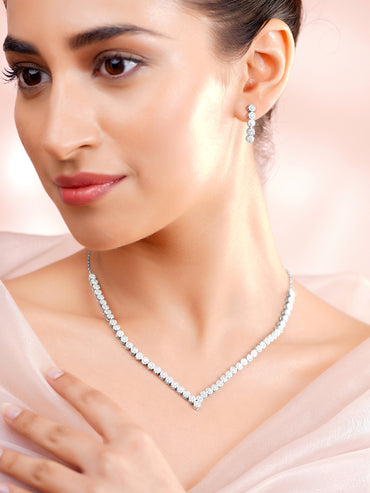 925 Fine Silver Silver Cubic Zirconia Crystal Tennis Necklace Set