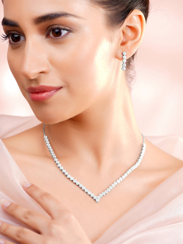 925 Fine Silver Silver Cubic Zirconia Crystal Tennis Necklace Set