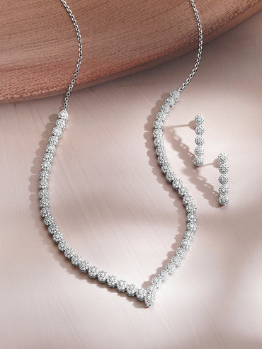 925 Fine Silver Silver Cubic Zirconia Crystal Tennis Necklace Set