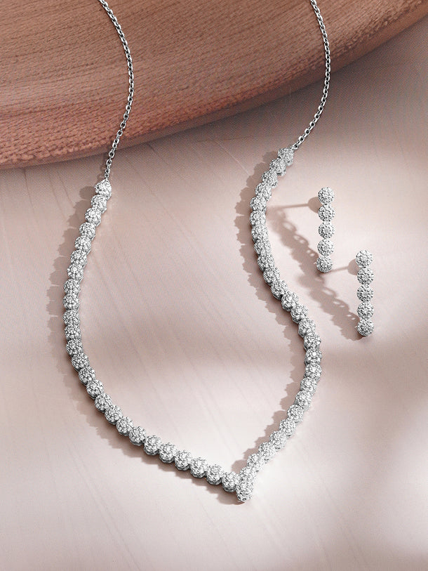 925 Fine Silver Silver Cubic Zirconia Crystal Tennis Necklace Set