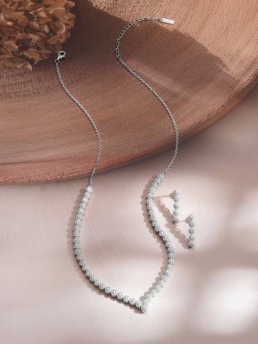 925 Fine Silver Silver Cubic Zirconia Crystal Tennis Necklace Set