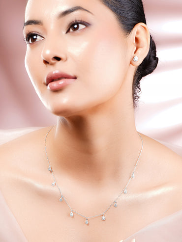 925 Fine Silver Rhodium Plated AD Teardrop Charm Necklace Set