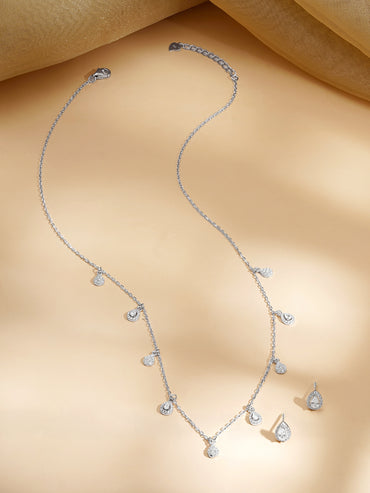 925 Fine Silver Rhodium Plated AD Teardrop Charm Necklace Set