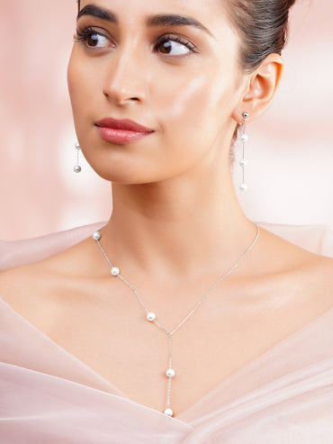 925 Fine Silver Rhodium Plated Pearl Beaded Necklace Set