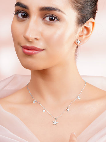 925 Fine Silver Rhodium Plated Necklace Set With Star Charms