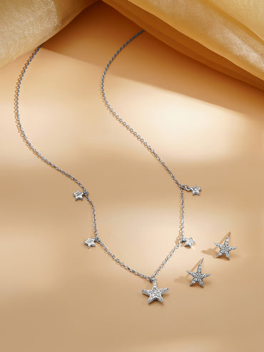 925 Fine Silver Rhodium Plated Necklace Set With Star Charms