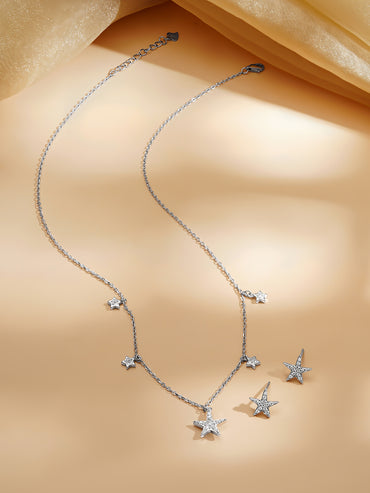 925 Fine Silver Rhodium Plated Necklace Set With Star Charms