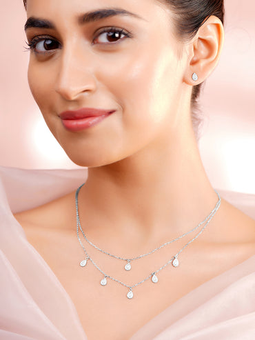 925 Fine Silver Rhodium Plated Tear Drop Layered Necklace Set