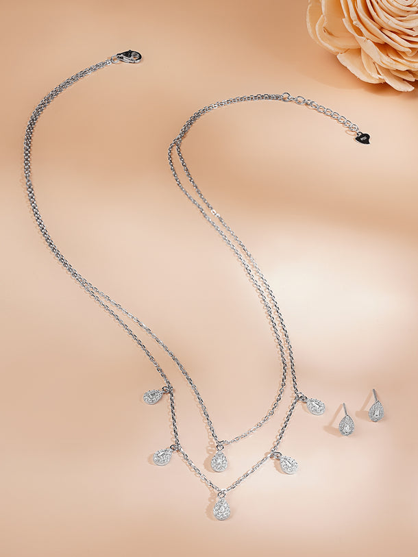 925 Fine Silver Rhodium Plated Tear Drop Layered Necklace Set