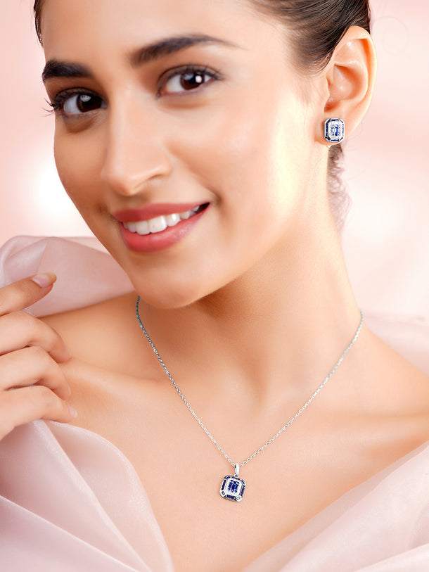925 Fine Silver Blue Crystal Frame Pendant Set