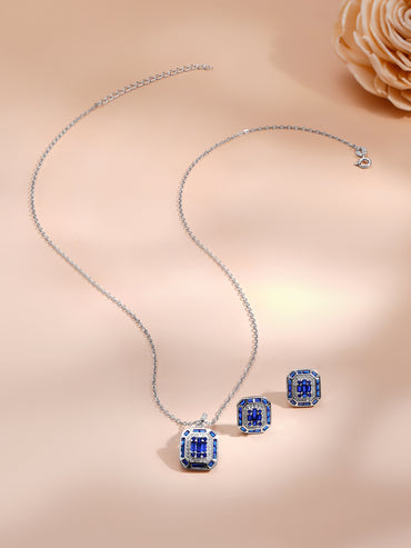 925 Fine Silver Blue Crystal Frame Pendant Set