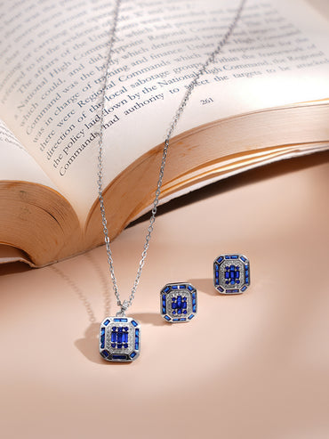 925 Fine Silver Blue Crystal Frame Pendant Set
