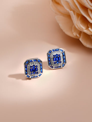 925 Fine Silver Blue Crystal Frame Pendant Set