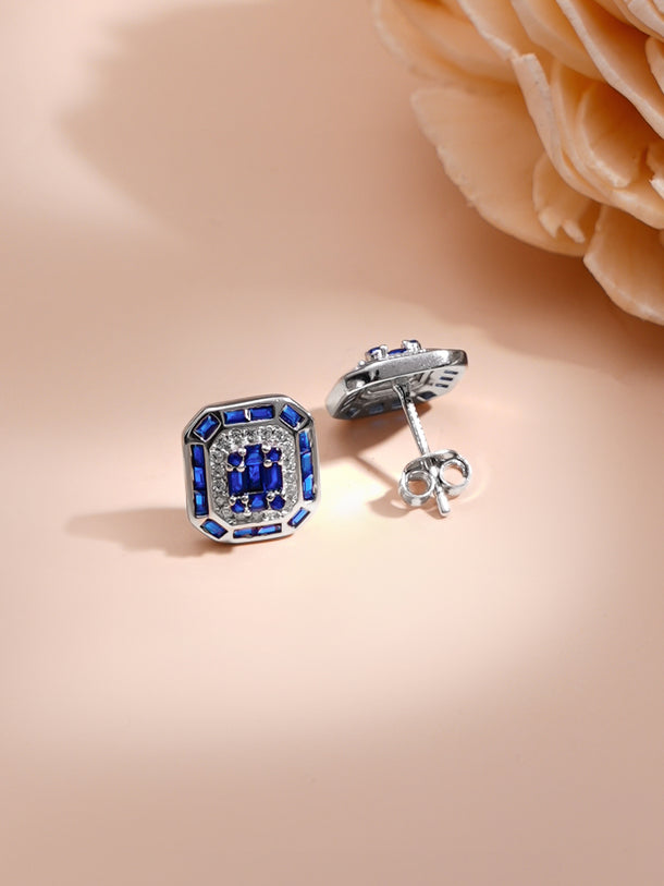 925 Fine Silver Blue Crystal Frame Pendant Set
