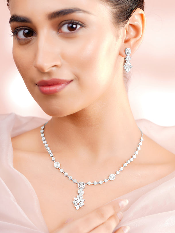 925 Fine Silver Silver Cubic Zirconia Floral Drop Necklace Set