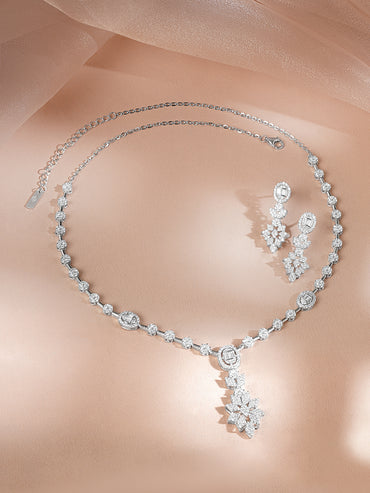 925 Fine Silver Silver Cubic Zirconia Floral Drop Necklace Set