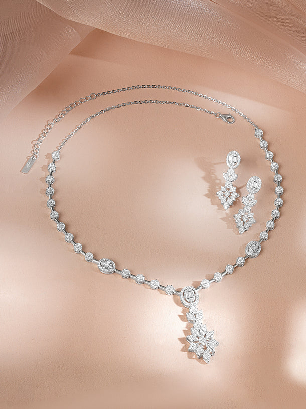 925 Fine Silver Silver Cubic Zirconia Floral Drop Necklace Set