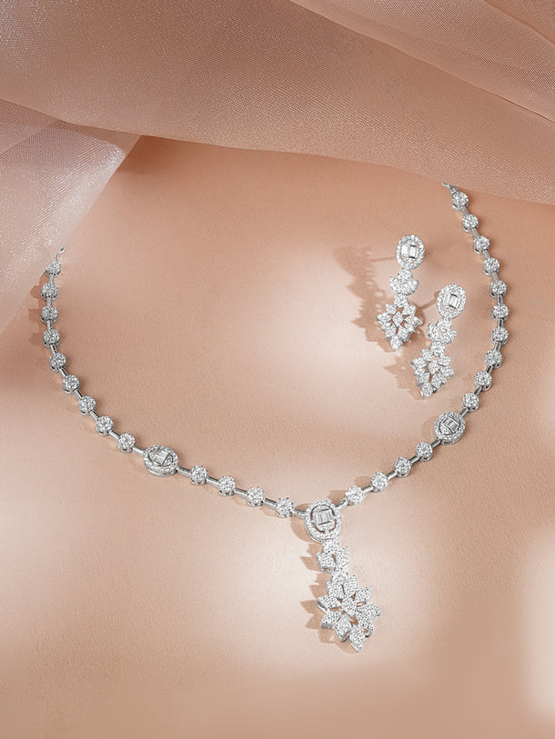 925 Fine Silver Silver Cubic Zirconia Floral Drop Necklace Set