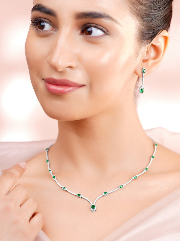 925 Fine Silver Rhodium Plated Emerald Green Necklace Set