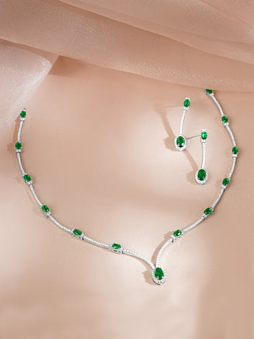 925 Fine Silver Rhodium Plated Emerald Green Necklace Set