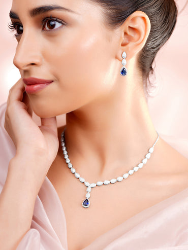 925 Fine Silver Rhodium Plated Blue Tear Drop Necklace Set