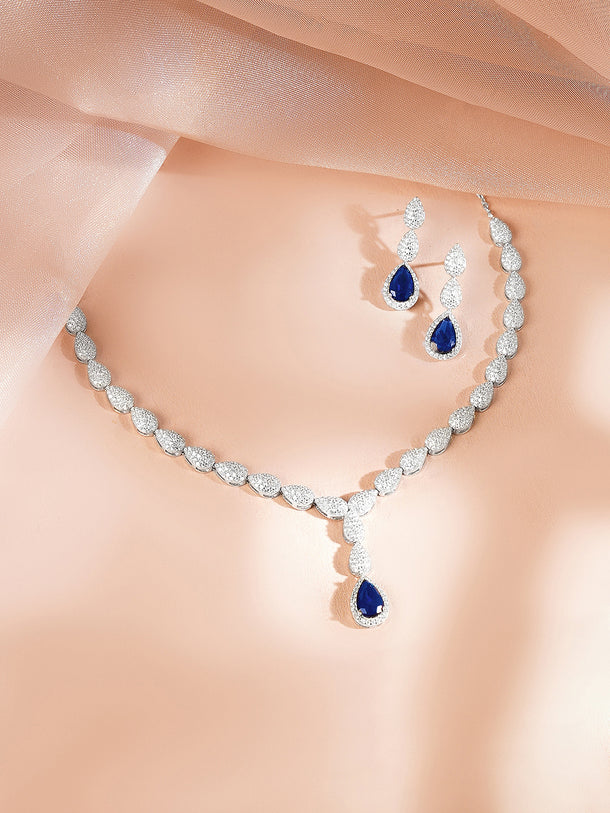 925 Fine Silver Rhodium Plated Blue Tear Drop Necklace Set